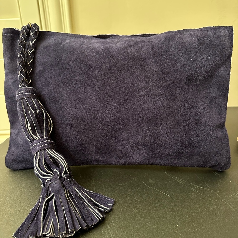 Jennifer Haley navy suede clutch bag